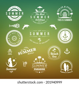 Retro design elements Summer holidays vector set. Vintage ornaments and labels, tropical paradise, beach vacation, adventure and travel.