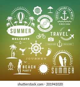 Retro design elements Summer holidays vector set. Vintage ornaments and labels, tropical paradise, beach vacation, adventure and travel.