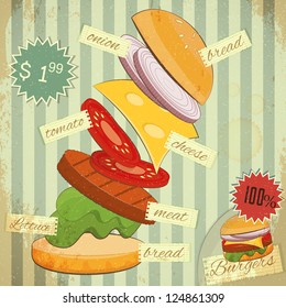 Retro Design of Fast Food Menu, Big Burger with Ingredients and place for Price on Vintage Background. Vector Illustration.