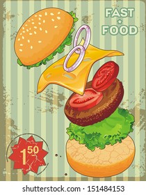 Retro Design of Fast Food Menu on Vintage Background. View of every ingredient. Vector illustration