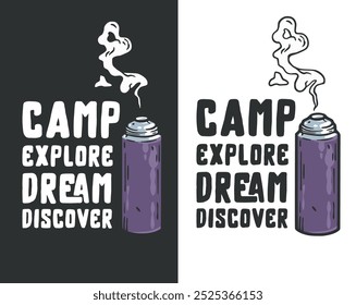 Diseño retro con un spray de camping que emite humo, perfecto para promover actividades al aire libre e inspirar la pasión por los viajes