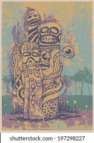 Retro design with funny ethnic totems, silhouette palms and grunge scratched background. vector illustration. 