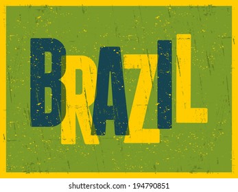 Retro design greeting card in bright green, blue and yellow, visit Brazil concept.