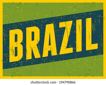 Retro design greeting card in bright green, blue and yellow, visit Brazil concept.