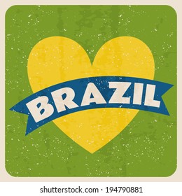 Retro design greeting card with a bright yellow heart and a blue banner, I Love Brazil concept.