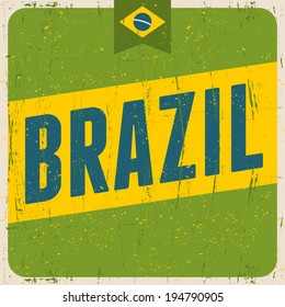 Retro design greeting card in bright green, blue and yellow, visit Brazil concept.