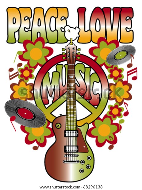 Retro Design Guitar Peace Symbol Dove Stock Vector (Royalty Free) 68296138