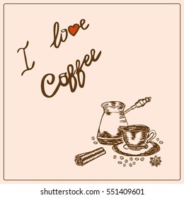 Retro design with hand drawn cup of coffee, coffee pot, coffee beans, cinnamon and star anise. Vintage coffee sketch.