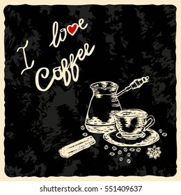 Retro design with hand drawn cup of coffee, coffee pot, coffee beans, cinnamon and star anise. Vintage coffee sketch.
