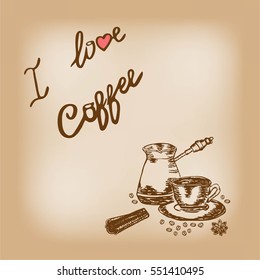Retro design with hand drawn cup of coffee, coffee pot, coffee beans, cinnamon and star anise. Vintage coffee sketch.