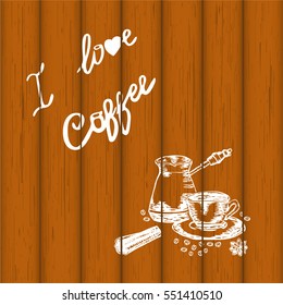 Retro design with hand drawn cup of coffee, coffee pot, coffee beans, cinnamon and star anise. Vintage coffee sketch.