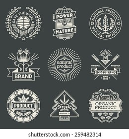 Retro design insignias logotypes natural product set. Vector vintage elements.