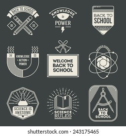 Retro design insignias logotypes school and science set. Vector vintage elements.