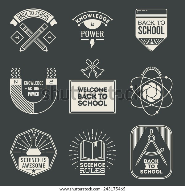 Retro design insignias logotypes school and\
science set. Vector vintage\
elements.