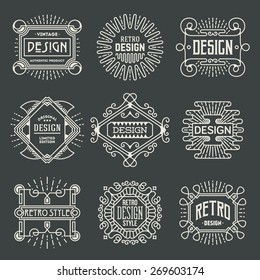 Retro Design Insignias Logotypes Template Set. Line Art Vector Vintage Style Art Nouveau Deco Elements. Elegant Geometric Shiny Floral Frames.