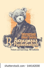 Retro design International Annual Congress Anonymous Psychoanalysts for  poster or t-shirt print with man in a bear mask and textures. vector illustration. grunge effect in separate layer.