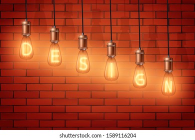 Retro design light bulbs with text Design on brick wall background. Vintage style edison bulb with copper for loft and cafe. Switch On with letters. Vector Illustration