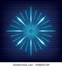 Retro design light sunburst neon style glow geometric shape, vintage rays sunlight explosion icon concept vector illustration, isolated on black wall. Minimal blue firework burst label, sunbeam badge.