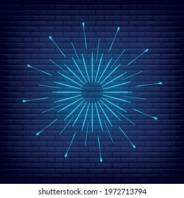 Retro design light sunburst neon style glow geometric shape, vintage rays sunlight explosion icon concept vector illustration, isolated on black wall. Minimal blue firework burst label, sunbeam badge.