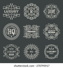 Retro Design Luxury Insignias Logotypes Template Set. Line Art Vector Vintage Style Victorian Swash Elements. Elegant Geometric Shiny Floral Frames.