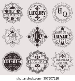 Retro Design Luxury Insignias Logotypes Template Set. Line Art Vector Vintage Style Victorian Swash Elements. Elegant Geometric Shiny Floral Frames.