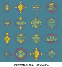 Retro Design Luxury Insignias Logotypes Template Set. Line Art Vector Vintage Style Victorian Swash Elements. Elegant Geometric Shiny Floral Frames.