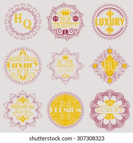 Retro Design Luxury Insignias Logotypes Template Set. Line Art Vector Vintage Style Victorian Swash Elements. Elegant Geometric Shiny Floral Frames.
