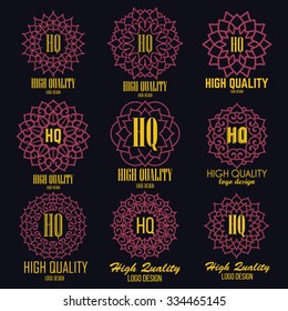 Retro Design Luxury Insignias Logotypes Template Set. Line Art Vector Vintage Style Victorian Swash Elements. Elegant Geometric Shiny Floral Frames.