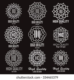 Retro Design Luxury Insignias Logotypes Template Set. Line Art Vector Vintage Style Victorian Swash Elements. Elegant Geometric Shiny Floral Frames.