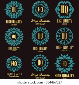Retro Design Luxury Insignias Logotypes Template Set. Line Art Vector Vintage Style Victorian Swash Elements. Elegant Geometric Shiny Floral Frames.