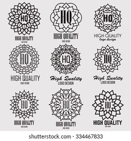 Retro design luxury insignias logotypes template set. Line art vector vintage style victorian swash elements. Elegant geometric shiny floral frames.