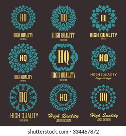 Retro Design Luxury Insignias Logotypes Template Set. Line Art Vector Vintage Style Victorian Swash Elements. Elegant Geometric Shiny Floral Frames.