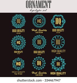 Retro Design Luxury Insignias Logotypes Template Set. Line Art Vector Vintage Style Victorian Swash Elements. Elegant Geometric Shiny Floral Frames.