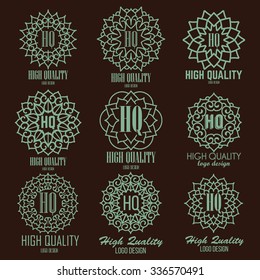 Retro design luxury insignias logotypes template set. Line art vector vintage style victorian swash elements. Elegant geometric shiny floral frames.