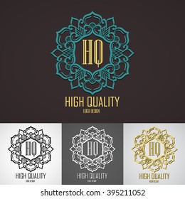 Retro Design Luxury Insignias Logotypes Template Set. Line Art Vector Vintage Style Victorian Swash Elements. Elegant Geometric Shiny Floral Frames.