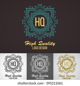 Retro Design Luxury Insignias Logotypes Template Set. Line Art Vector Vintage Style Victorian Swash Elements. Elegant Geometric Shiny Floral Frames.