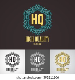 Retro Design Luxury Insignias Logotypes Template Set. Line Art Vector Vintage Style Victorian Swash Elements. Elegant Geometric Shiny Floral Frames.
