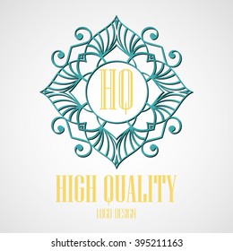 Retro Design Luxury Insignias Logotypes Template Set. Line Art Vector Vintage Style Victorian Swash Elements. Elegant Geometric Shiny Floral Frames.