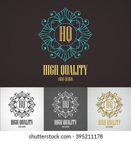 Retro Design Luxury Insignias Logotypes Template Set. Line Art Vector Vintage Style Victorian Swash Elements. Elegant Geometric Shiny Floral Frames.