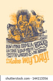 Retro design Make May Day! for bar poster or t-shirt print with two drunkards, hand-written fonts and textures. vector illustration. grunge effect in separate layer.