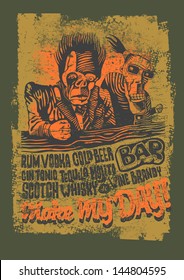 Retro design "Make May Day!" for bar poster or t-shirt print with two drunkards, hand-written fonts and textures. vector illustration. grunge effect in separate layer.