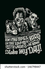 Retro design Make May Day! for bar poster or t-shirt print with two drunkards, and hand-written fonts. vector illustration. grunge effect in separate layer. 