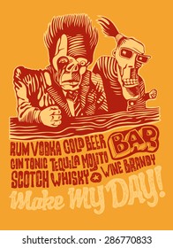 Retro design Make May Day! for bar poster or t-shirt print with two drunkards, and hand-written fonts. vector illustration. 