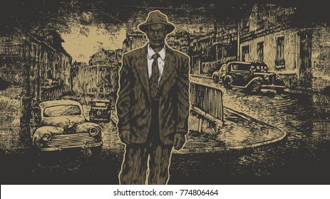 Retro Design With Man In A Hat And Suit And Old City Street Scenery Landscape Noir Style. aspect ratio 16:9. vector illustration