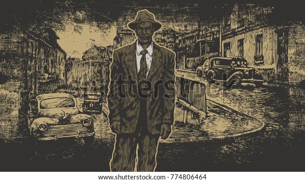 Retro Design With Man In A Hat And Suit And\
Old City Street Scenery Landscape Noir Style. aspect ratio 16:9.\
vector illustration