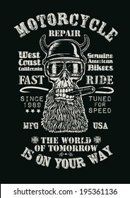 Retro design Motorcycle repair Fast Ride for poster or t-shirt print with biker skull, and vintage fonts. vector illustration. grunge effect in separate layer. 