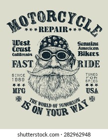 Retro design Motorcycle repair Fast Ride for poster or t-shirt print with bearded biker in motorcycle sunglasses, bandana, and vintage fonts. vector illustration. grunge effect in separate layer.