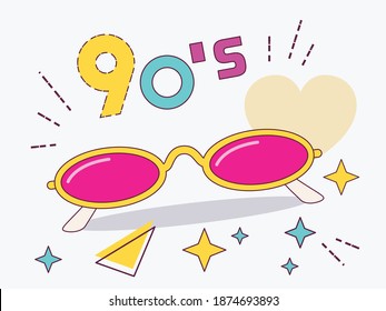 Retro design of narrow sunglasses. Women's and men's accessories collections of the 80's-90's. 
Optics, vintage,
trend. Vector illustration.