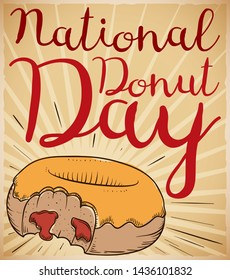 Retro design for National Donut Day with delicious half bitten doughnut in hand drawn style with yellow glaze and strawberry jam.