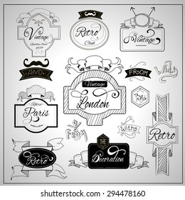 Retro design nostalgic elements with catchwords ribbons and moustaches on whiteboard black felt pen abstract vector illustration